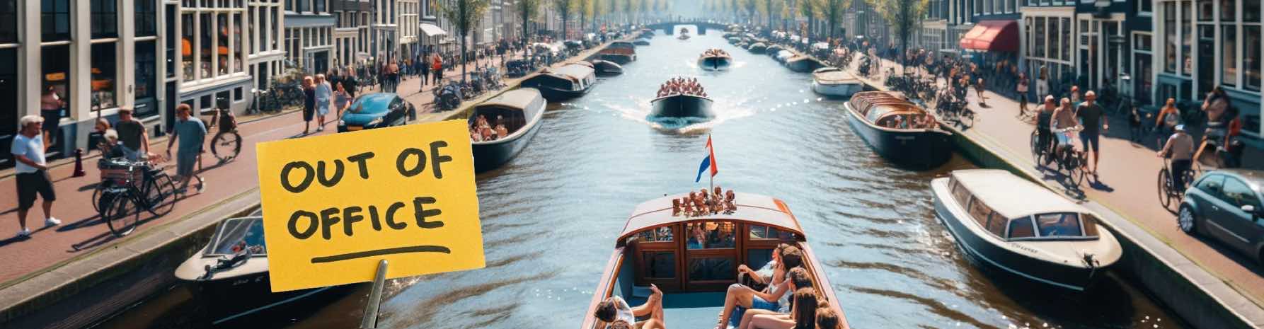 Vacationers enjoy a sunny boat ride through Amsterdam canals, embodying the Dutch spirit of maximizing vacation days.