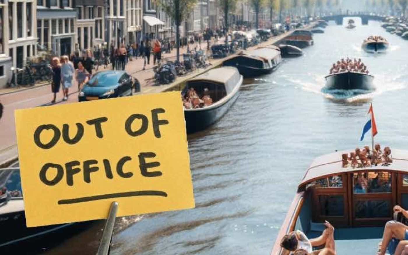 Holiday-goers enjoy a boat ride on Amsterdam's canals, with an 'Out of Office' sign, illustrating the joy of maximizing vacation days in NL.