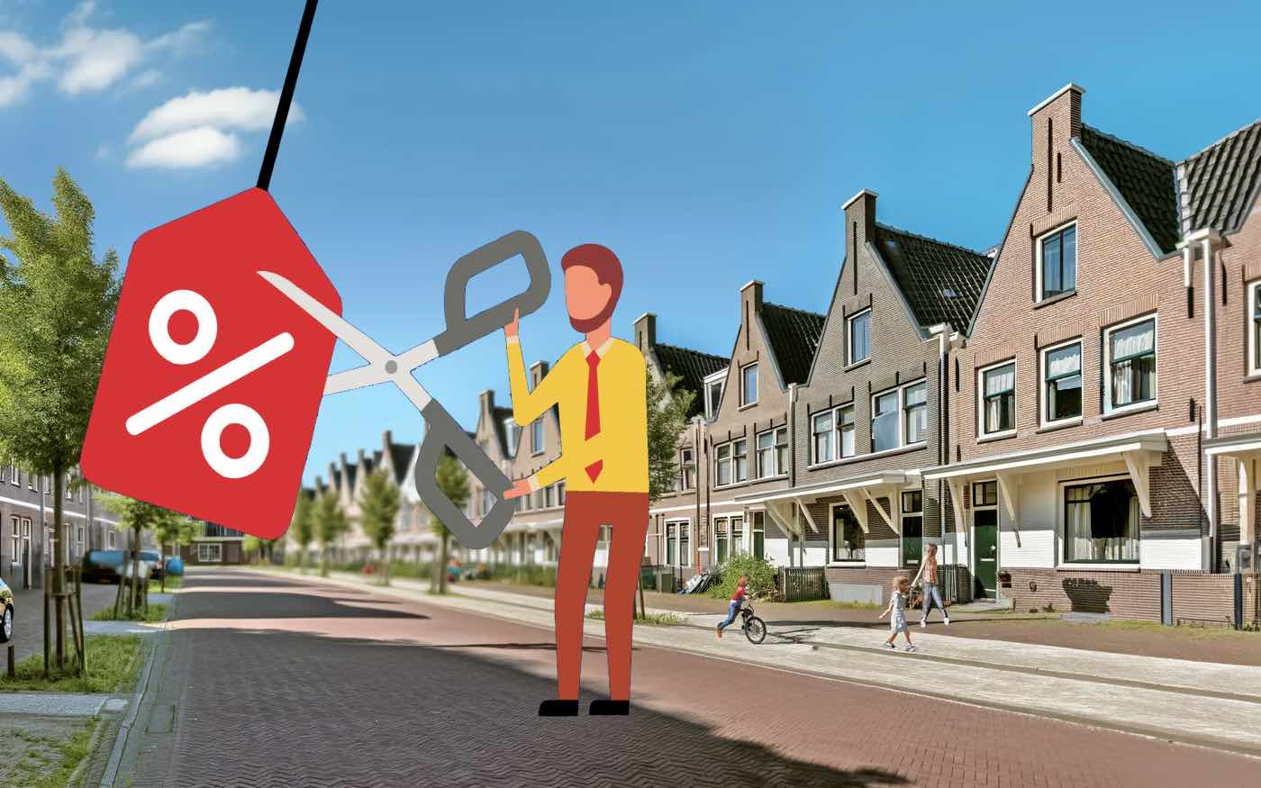 Illustration of a figure holding a giant pair of scissors cutting a percentage sign, symbolizing mortgage rate discounts in a Dutch residential area with children playing.