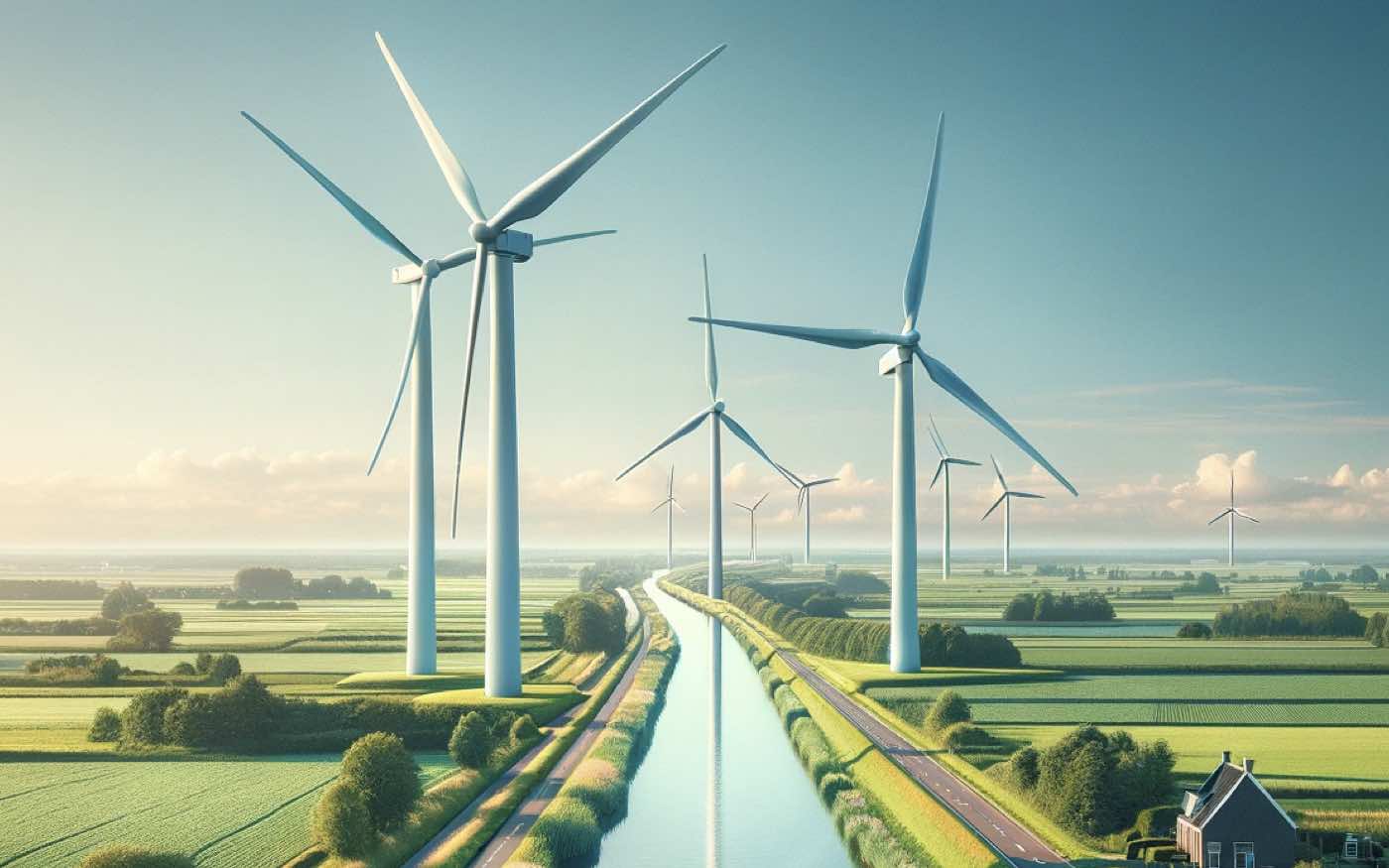 Wind turbines lining a canal in the Dutch landscape, representing sustainable energy options for switching providers.