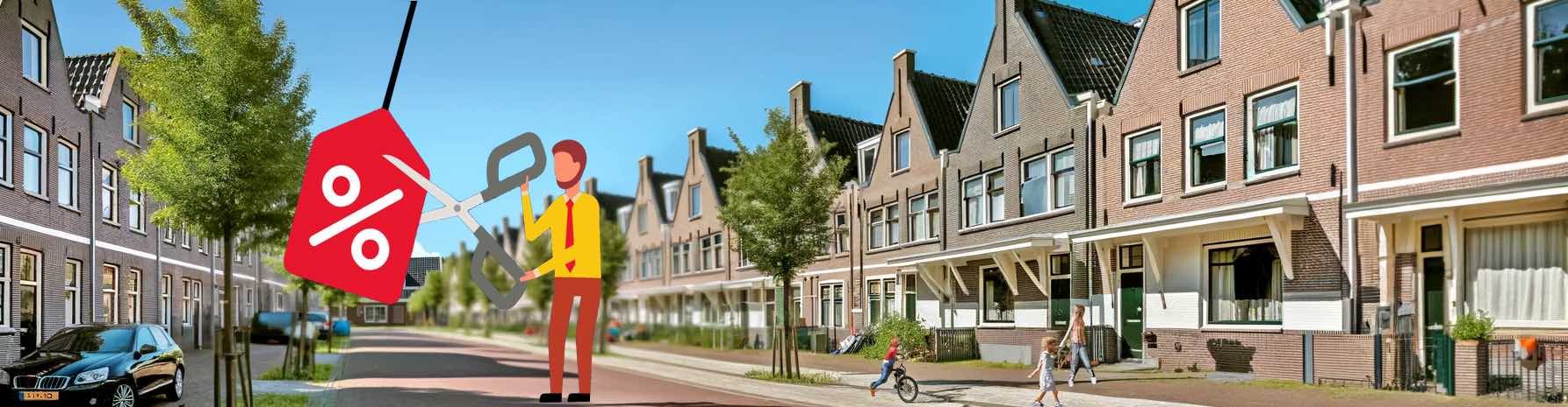 Kids playing on a street in a Dutch residential neighborhood with traditional houses, symbolizing potential savings on mortgage rates.