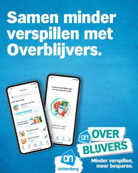 AH Overblijvers app displayed on two smartphones, promoting food savings by reducing food waste in Dutch supermarkets.