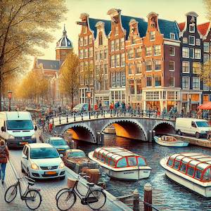 Parked cars and bicycles along a canal in Amsterdam, with traditional Dutch houses and a bridge over the water, boats in the canal, and pedestrians crossing.