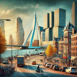 Rotterdam cityscape featuring the Erasmus Bridge, parked cars, bicycles, and pedestrians along a busy street with modern high-rise buildings in the background.