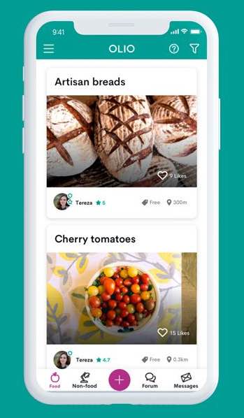 Olio app displaying free listings of artisan breads and cherry tomatoes, available for pick-up through the food-sharing platform.