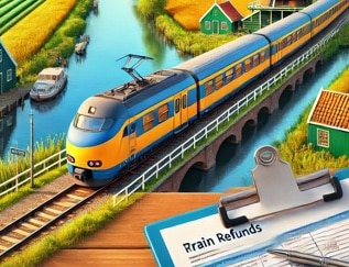 A train crossing a Dutch canal with windmills in the background, and a clipboard with refund documents in the foreground.