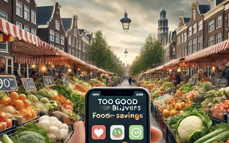 A shopper at a Dutch market, holding a smartphone displaying food-saving apps like TooGoodToGo, AH Overblijvers, and Olio, with vibrant fresh produce in the background.