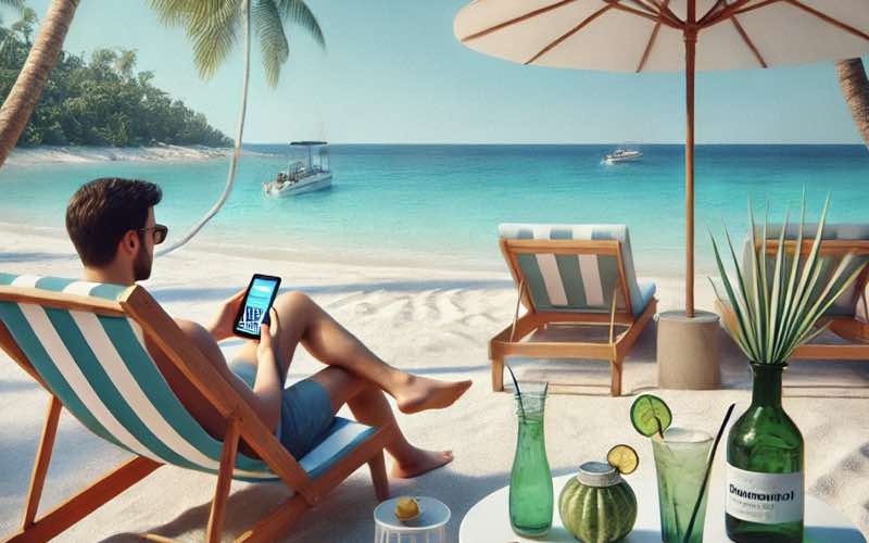 A person on a tropical beach in Thailand using the Revolut app on their phone to pay for cocktails, representing the convenience of Neo banks like Revolut for global travelers.