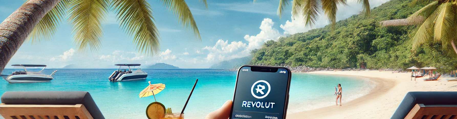 A person relaxing on a tropical beach in Thailand using Revolut app on their smartphone to pay for cocktails.