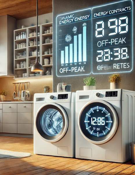 Smart washing machines running during off-peak hours with dynamic energy contracts displayed in a modern kitchen