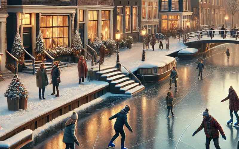 People ice skating on a frozen Dutch canal in winter with traditional houses lit up along the water