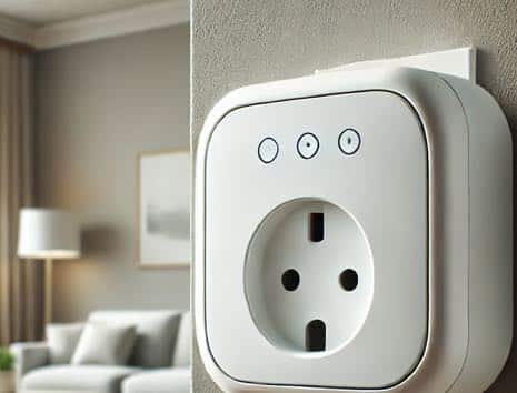 Smart plug in a modern living room used for monitoring and controlling energy consumption of appliances