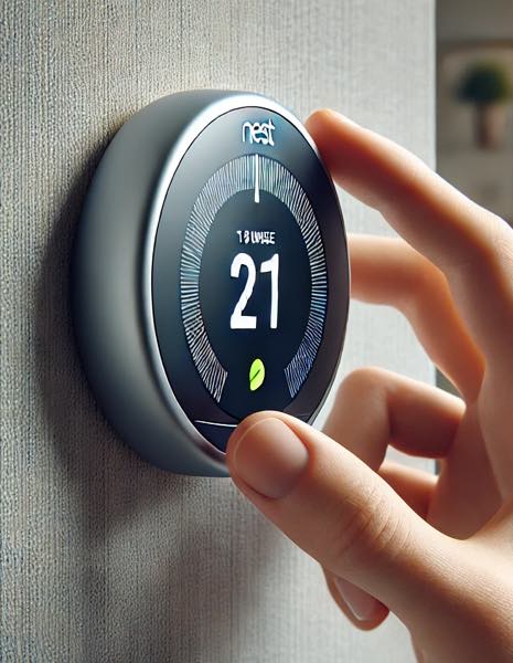 Hand adjusting a Nest thermostat to lower the temperature and save energy in a modern home