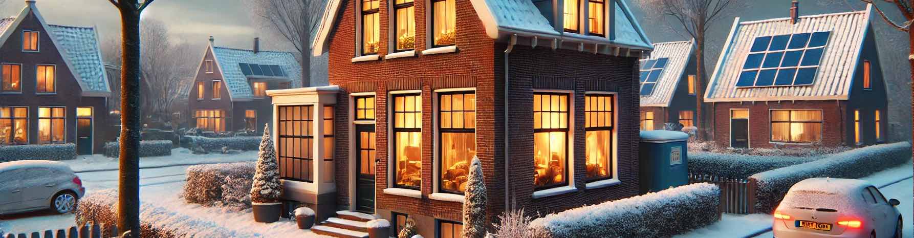 Cozy Dutch homes with solar panels and warm glowing windows in a snowy winter setting