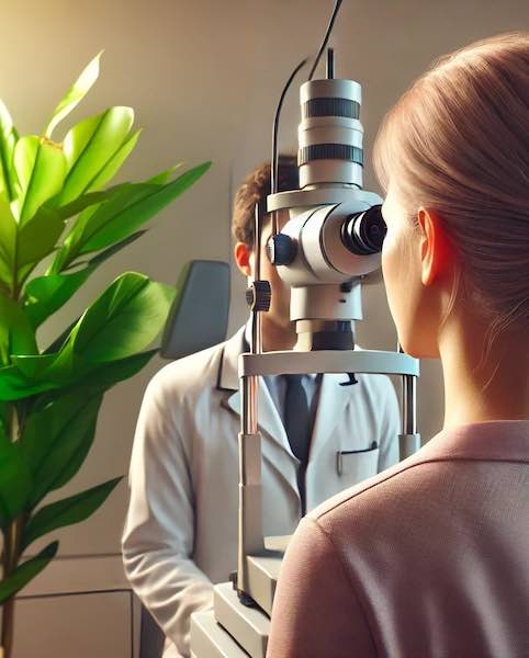 A photo-realistic image of a patient undergoing an eye checkup, seen from the back with her head near an eye examination machine. A green indoor plant is visible in the background, creating a calming environment in a modern doctor's office.