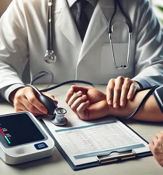 A photo-realistic image of a health checkup showing a doctor’s hands checking a patient’s blood pressure, with a digital monitor displaying a blank black screen and no visible faces.