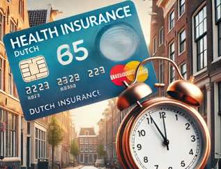 A photo-realistic image showing a Dutch health insurance card next to a clock, symbolizing time running out, with a realistic Dutch street in the background featuring brick buildings and bicycles.