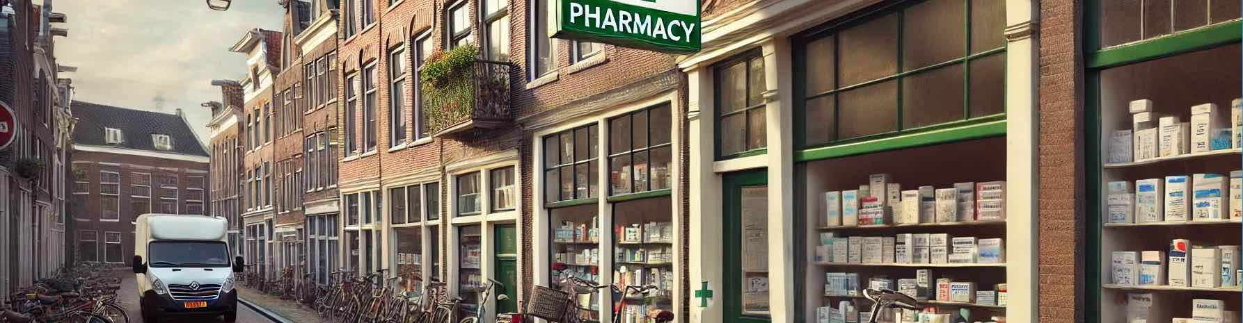 A realistic image of a Dutch street with brick buildings, a green pharmacy cross sign above a pharmacy entrance, and bicycles parked on a cobblestone sidewalk.