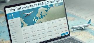 Laptop screen displaying a flight comparison website with travel-related items like a passport and boarding pass, representing the best websites for finding cheap flights.