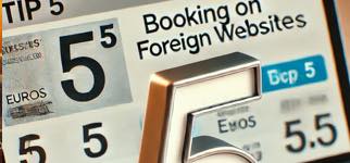 Large number 5 with a laptop showing a flight booking website in a foreign language, alongside currency symbols like euros, dollars, and yen.