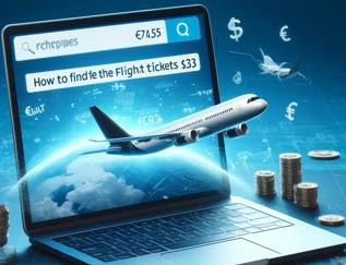 Airplane taking off with a laptop displaying flight search results and currency symbols, representing global savings on flights.