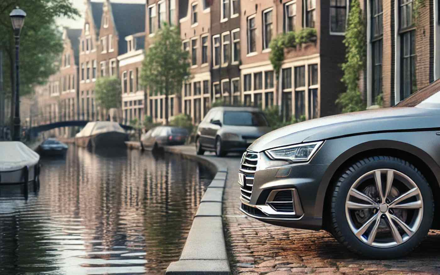 Close-up of a parked car on a cobblestone street by a Dutch canal, with traditional brick houses and calm water in the background.