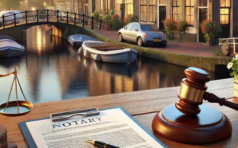 Notary paperwork on a desk with gavel and a scenic view of Dutch canal houses and a bridge.