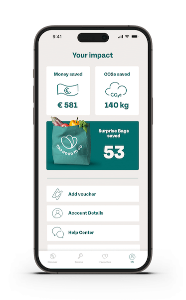 The TooGoodToGo app showing a user’s impact, including €581 saved, 140 kg of CO2 reduced, and 53 surprise bags rescued.