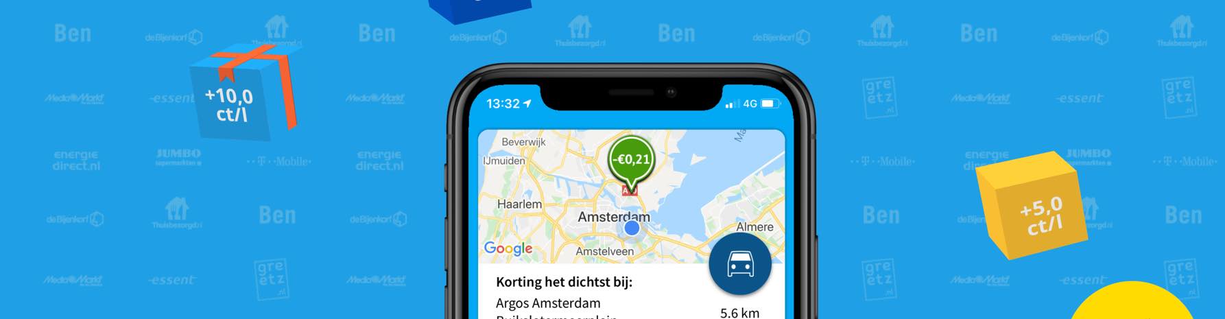 Tankey Fuel Discount App displaying a map of Amsterdam with a 21-cent per liter discount marker.