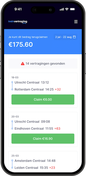 Screenshot of the Treinvertraging app showing refund claims for train delays, including journey details and claim amounts.