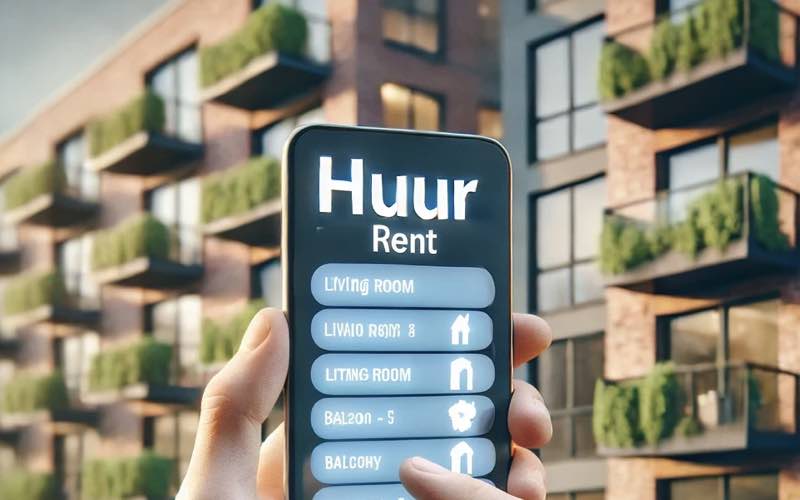 A smartphone screen showing "Huur / Rent" with a fictional list of items and their points in front of a modern Dutch apartment building.