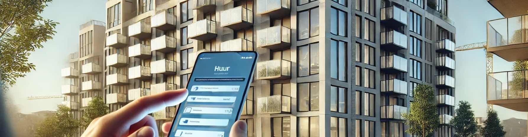 A person holding a smartphone displaying "Huur / Rent" and rental calculation points, in front of a Dutch apartment building.