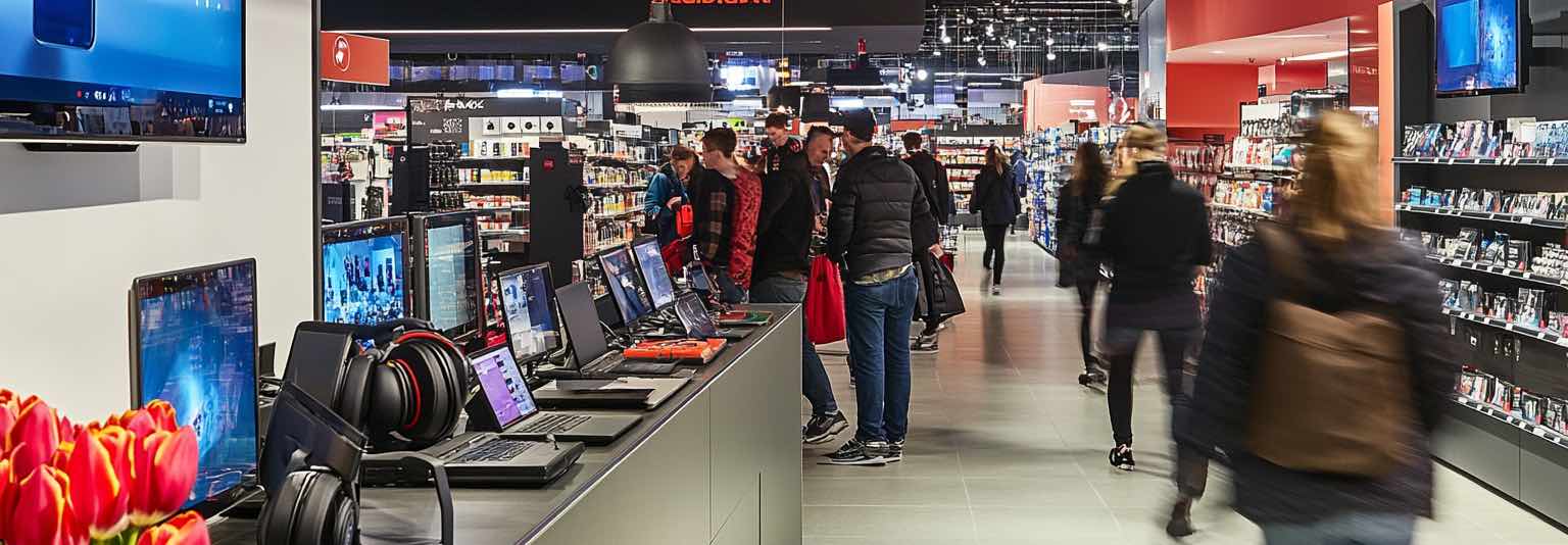 Shoppers at MediaMarkt enjoying Black Friday deals with discounts on electronics and appliances, from brands like Apple and Samsung.