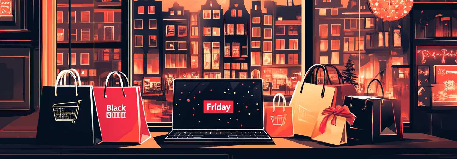 A festive Black Friday shopping setup with a laptop displaying the word "Friday," surrounded by shopping bags against the backdrop of a cozy Dutch cityscape with warm lights.