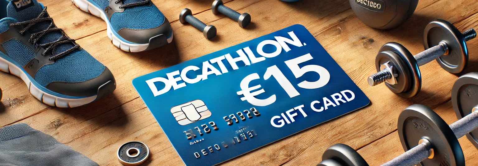 A €15 Decathlon gift card surrounded by sports equipment like dumbbells, running shoes, and a backpack, displayed on a wooden table.