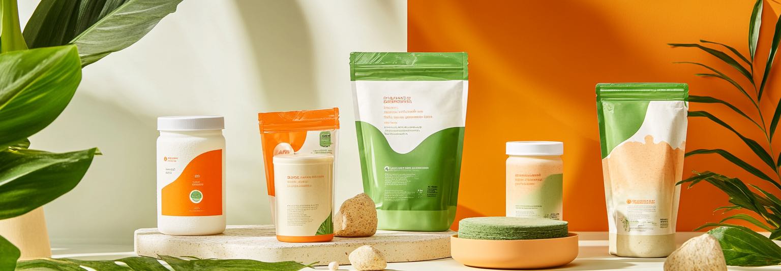 Selection of Orangefit plant-based nutrition products, including protein powder bags and jars, displayed with an orange and green backdrop, emphasizing health and sustainability.