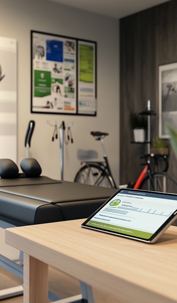 Tablet displaying health insurance options on a desk in a physiotherapist's room with exercise equipment.