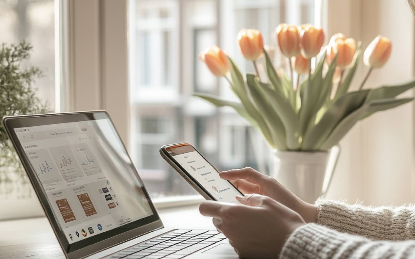 Person using smartphone and laptop to compare health insurance plans near a window with tulips.