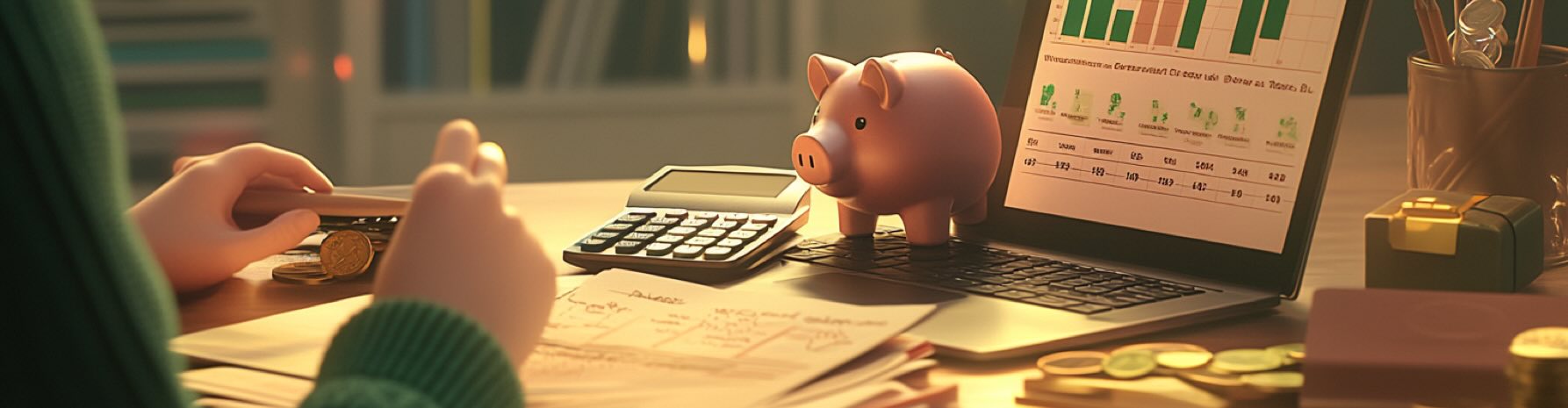 A desk with financial documents, a calculator, coins, a piggy bank, and a laptop displaying a bar graph, symbolizing pension planning and tax savings before the December 31 deadline.