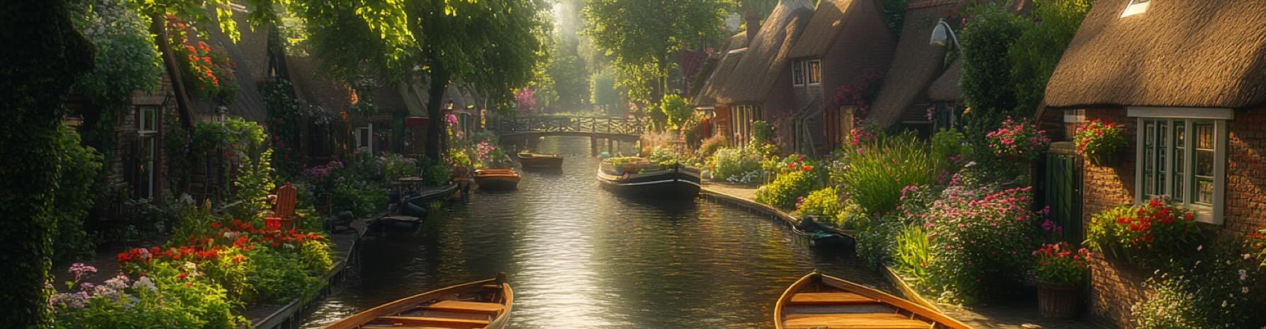 Peaceful canal in Giethoorn, Netherlands, surrounded by thatched-roof houses, colorful spring flowers, and calm water—perfect for a 2025 vacation getaway.