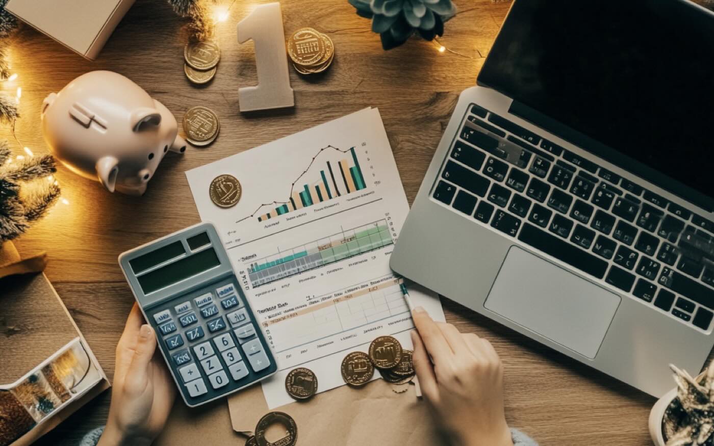 A festive desk with a laptop, calculator, piggy bank, coins, and financial documents showing graphs, symbolizing year-end pension tax planning and contributions.