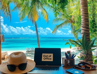 Laptop with “Out of Office” message, straw hat, sunglasses, and passport on a desk overlooking a tropical beach with clear blue skies, palm trees, and turquoise water.